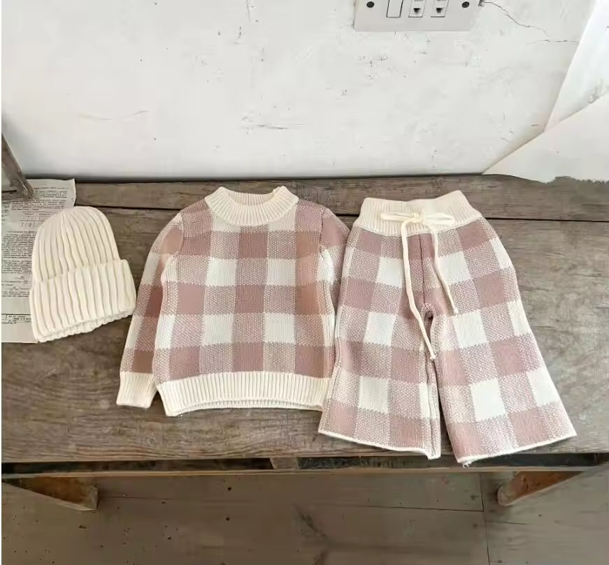 Baby Boys Girls Clothing Sets Fall Winter Plaid Sweater Pants Infant Boys Knit Tracksuits Toddler Girls Boys Suit Pants Set