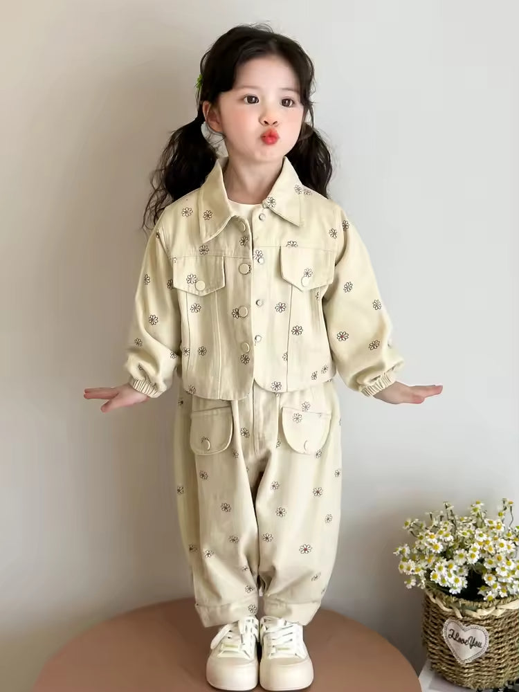 Girls' Autumn Coat Set 2025 Stylish Casual Two-piece Printed Children's Spring and Autumn Collection
