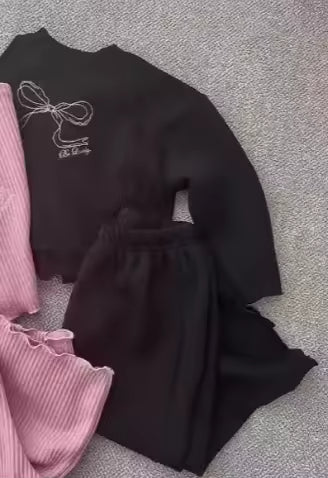 Early Autumn Baby Girl Clothing Set Korean Style Casual Breathable Long-sleeved Wide-leg Pants Set Bow Round Neck Baby Suit