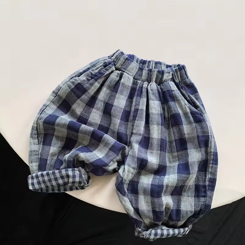 Spring and Autumn New Fashon Baby Boy Blue Plaid Pants Personalized All-match Kids Pants