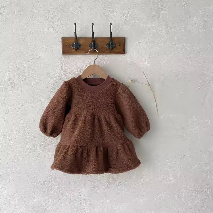 2025 Autumn A-line Knee-length Thickened Girl's Baby Skirt Solid Color O-Neck Stitching Plush Fleece-Lined Casual Dress