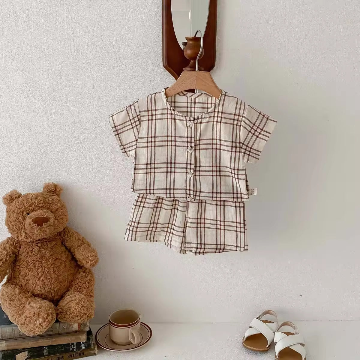 Korean Style Summer New Plaid Suit 100% Cotton Baby Boy Casual Outing Clothes Single-Breasted Short-Sleeved Shorts Two-Piece Set