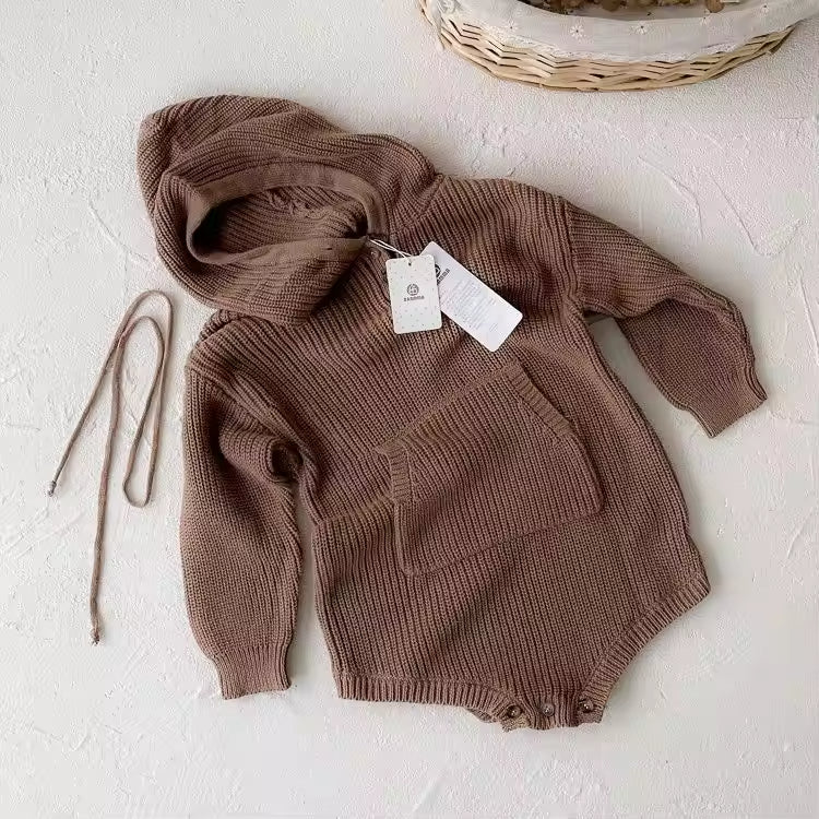 2025 Autumn and Winter Baby Jumpsuit 100% Cotton Hooded Sweater Set for Boys Girls Big Pocket Knitted Sweater for Newborns