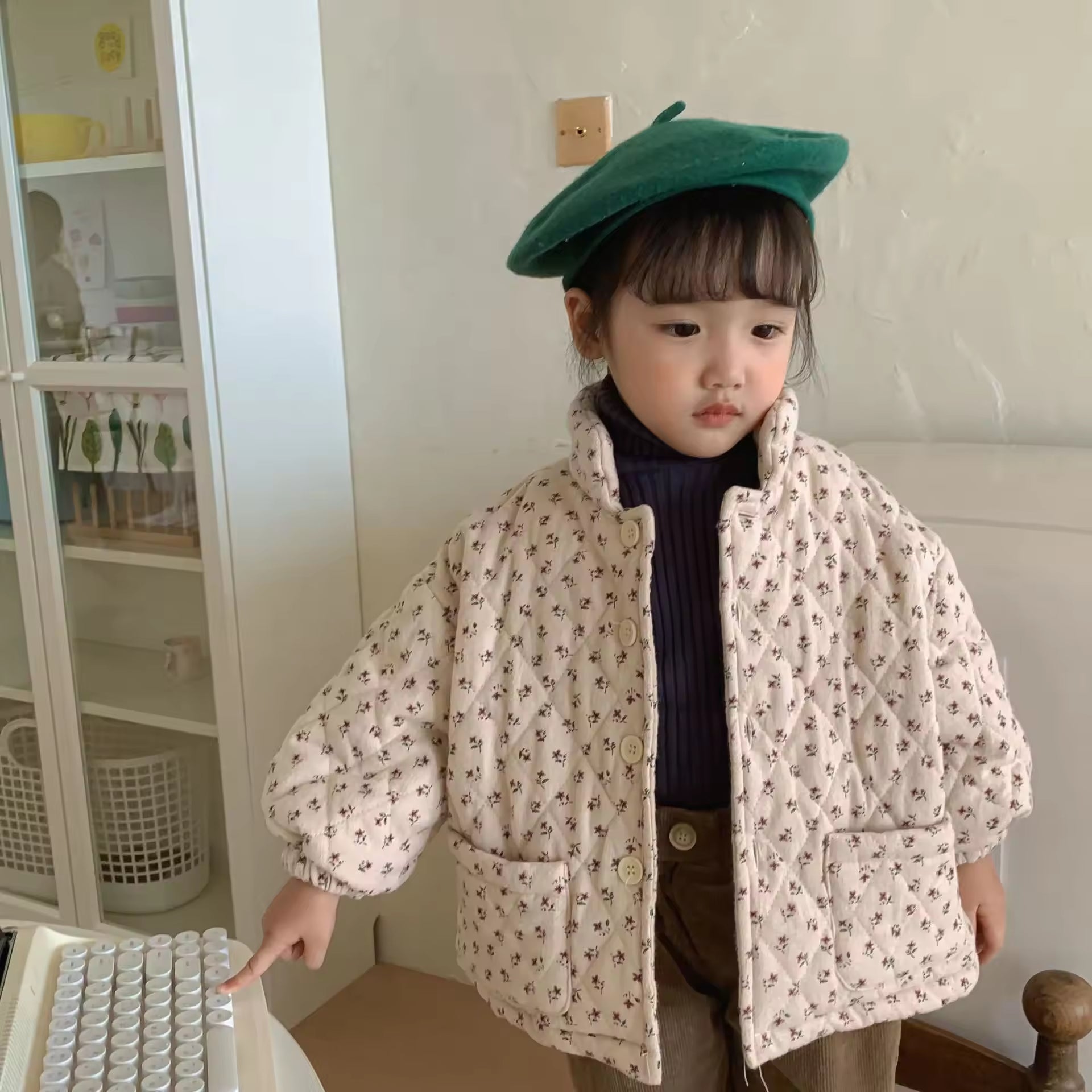 Autumn Winter Girls' Casual Cotton-Padded Baby Coat Floral Pattern Turtleneck Collar Worsted Fabric Infant Toddler Tops