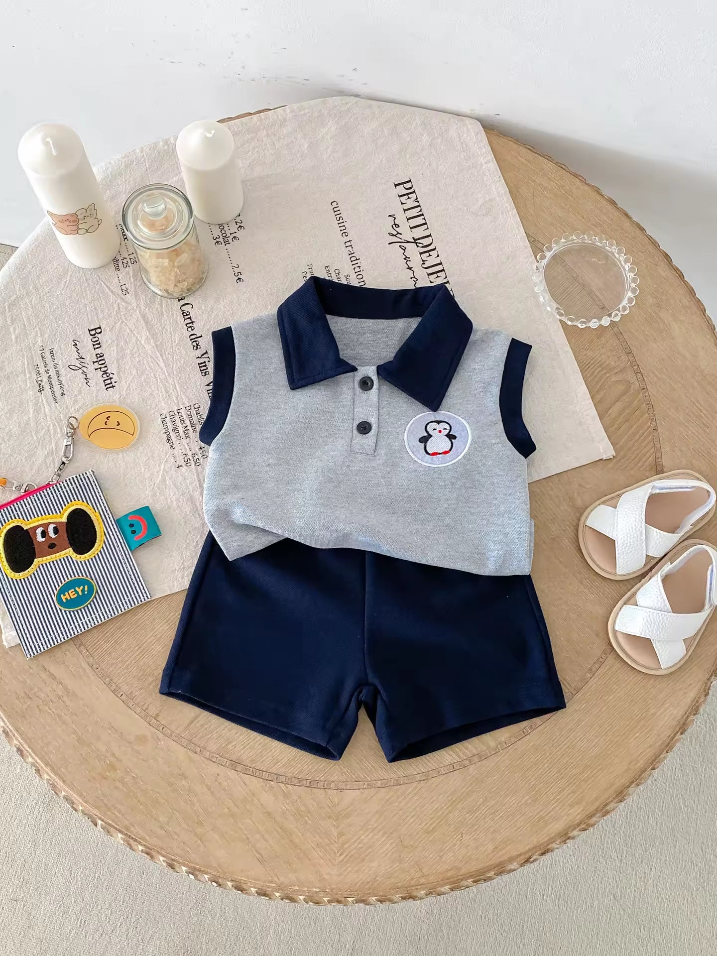 Korean Style 2025 Penguin Vest Two-Piece Set Cute and Casual Cartoon Pattern Tops Versatile and Fashionable Baby Suit