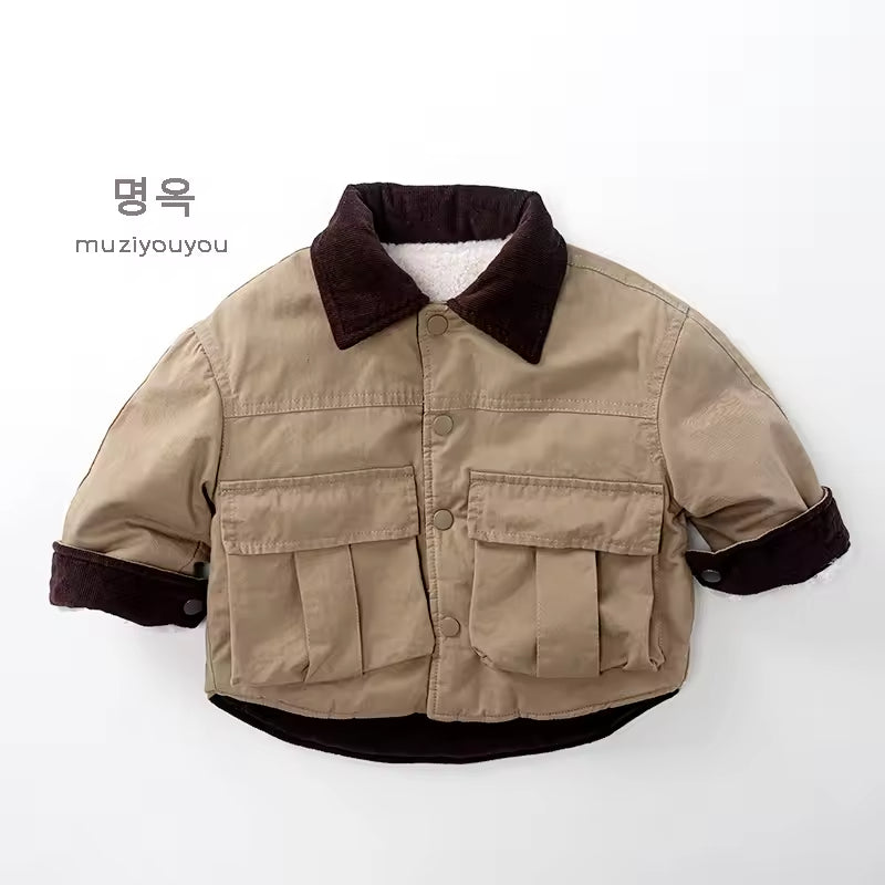 2025 Winter Children's Clothes Casual Fleece-lined Overcoat Boys and Girls Japanese Korean Style Thickened Baby Tops