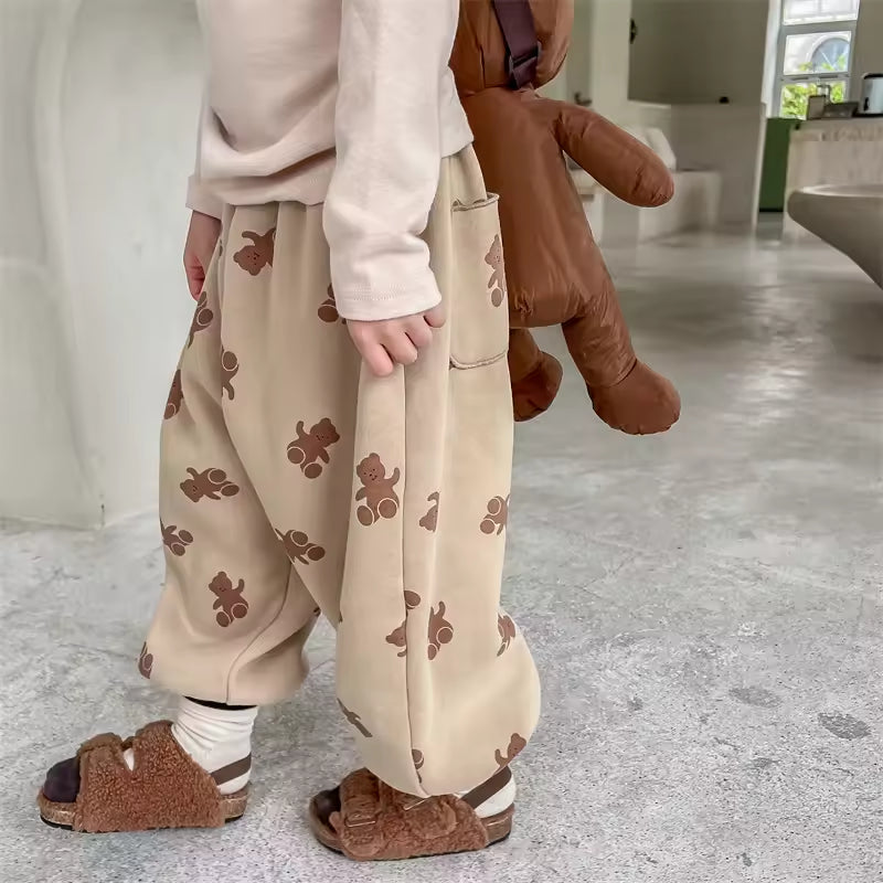 2025 Children's Autumn and Winter Korean Fleece Casual Baby Pants for Girls and Boys Breathable Straight Pants