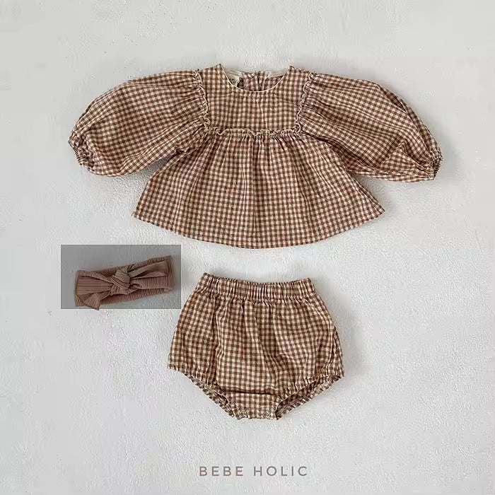 Spring and Autumn New Fashion Infant Clothes Plaid Ins Style Baby Romper Sweet Outing Two-piece Baby Suit