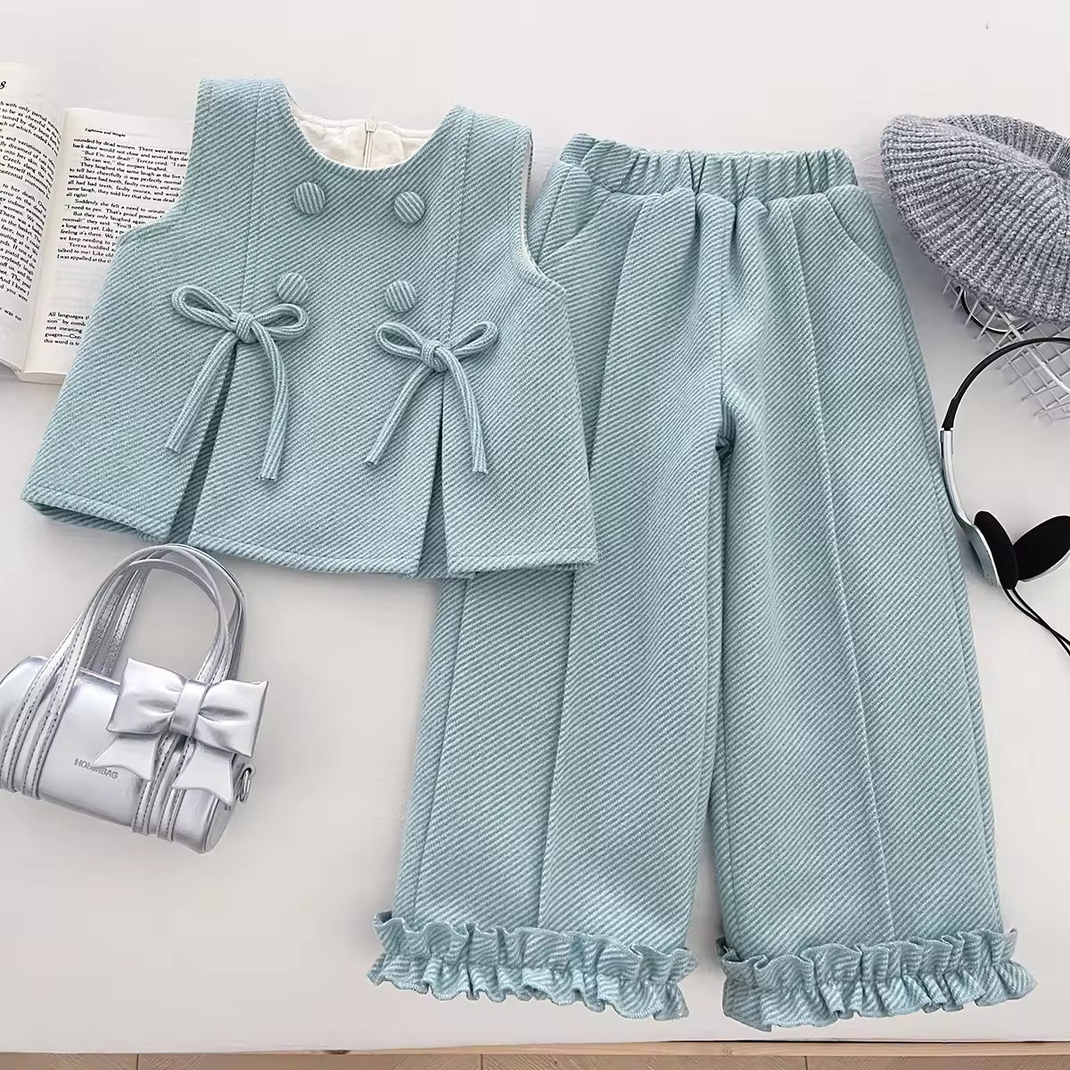 2025 New Winter Korean Style Casual Girls' Clothing Set Velvet Vest Trousers Two-piece Set Soft Warm Baby Suit