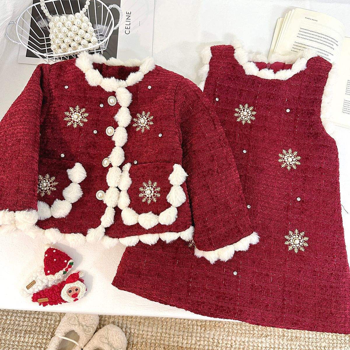 Winter New Baby Girls' Clothing Set Vintage Worsted Patchwork Two-piece Set Embroidered Flower Thickened Coat Warm Dress Suit
