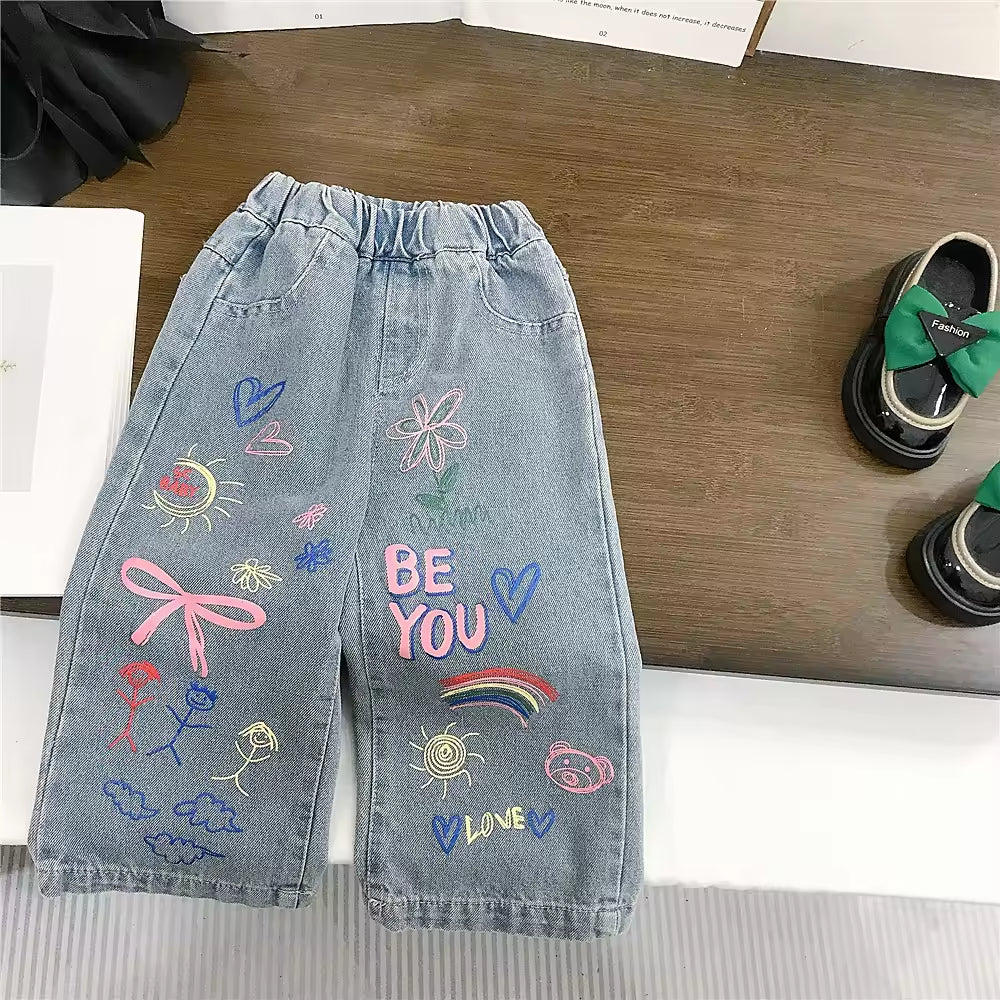 Girls' Pants Spring and Autumn Children's Jeans New Western Style Girls' Straight-leg Pants Baby Fall Casual Pants