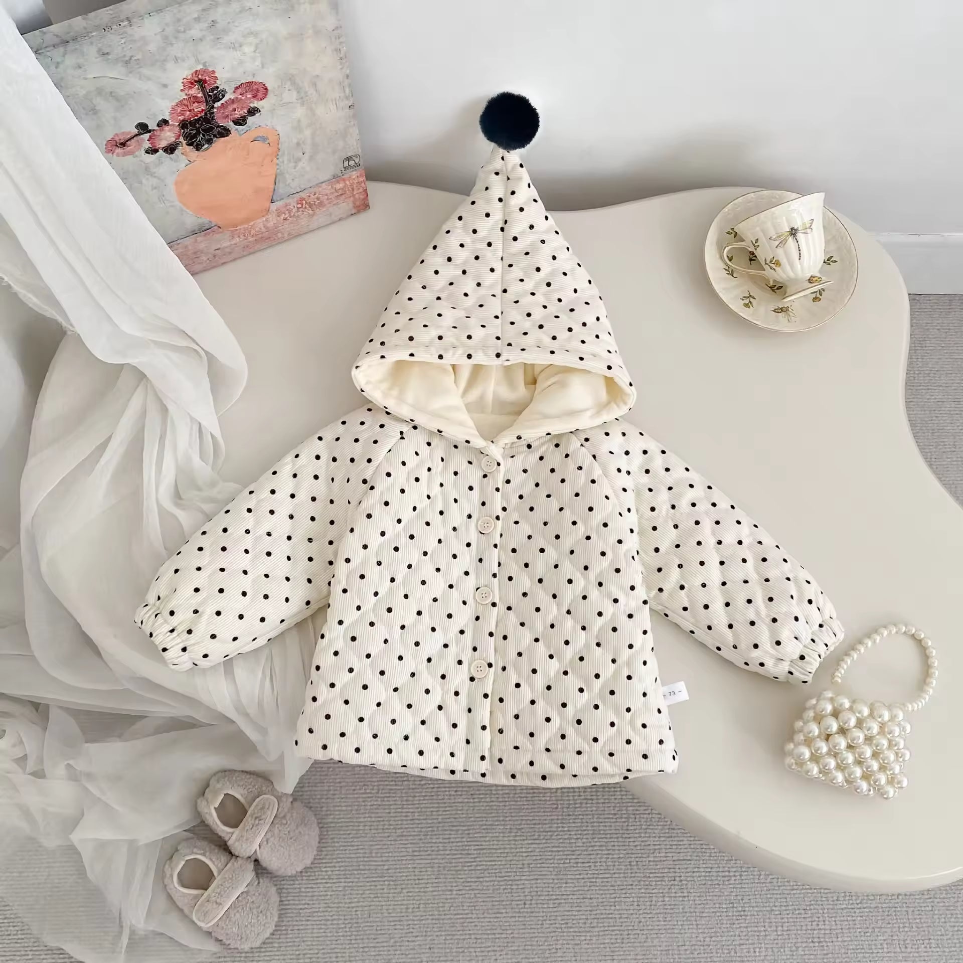 2025 Winter Children's Cotton-padded Clothes Stylish Thick Polka Dot Hooded Jackets Cardigans Versatile Suit for Babies