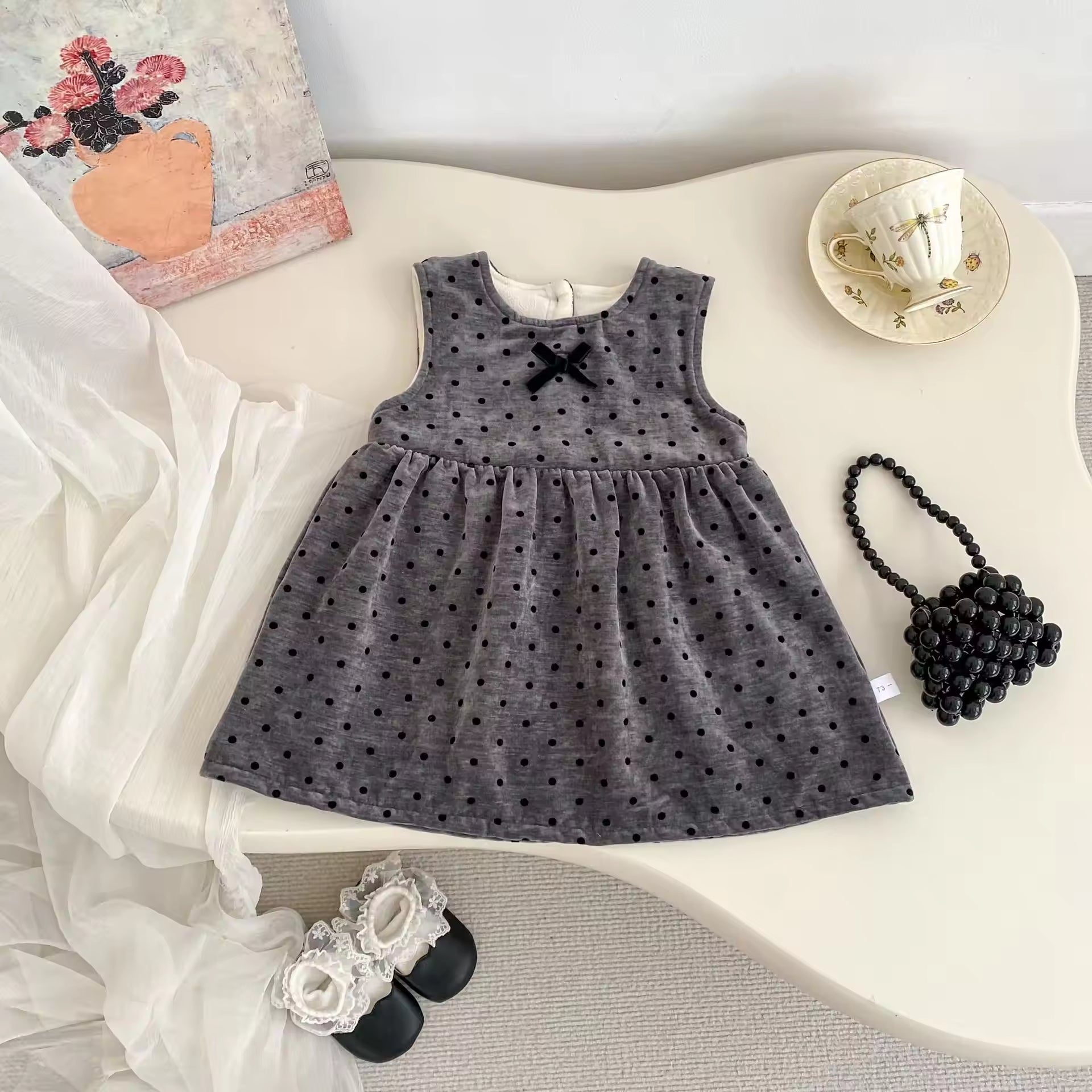 Winter New Style Girls' Polka Dot Vest Dress Stylish Bow Princess Dress and Thick Base Layer Two-piece Set