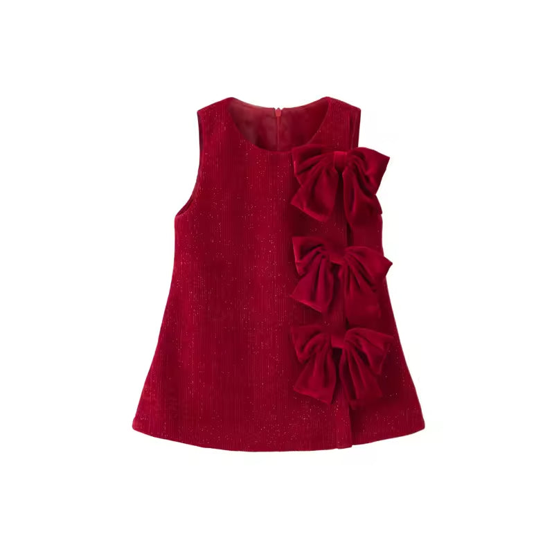 Classic Style Velvet Padded Dress Autumn and Winter Sleeveless Waistcoat New Year Clothes Girl Fashionable Bow Vest Dress
