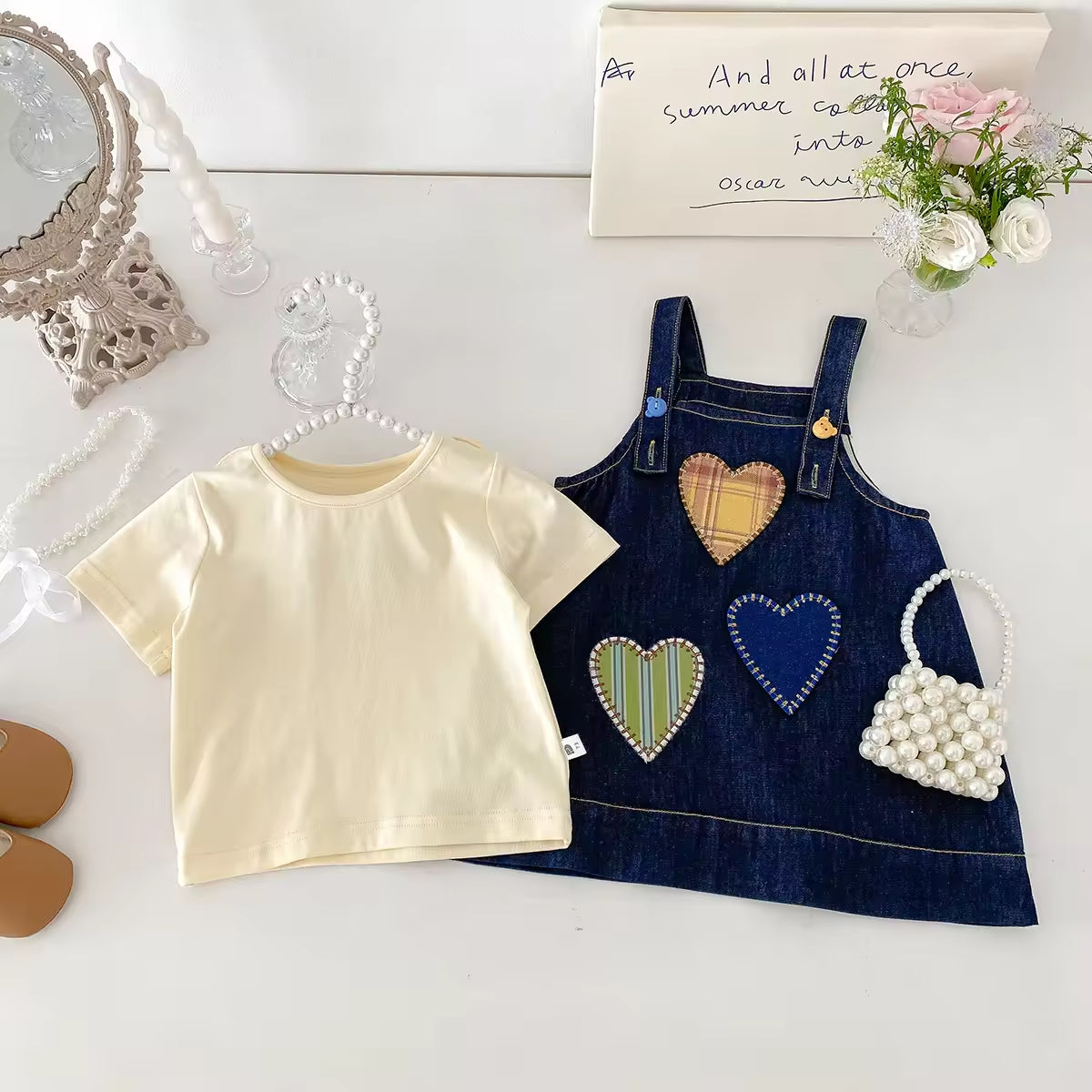 Baby Denim Dress 2025 Summer New Style Girls' Korean-style Fashionable Vest Dress Solid Color T-shirt Two-piece Set