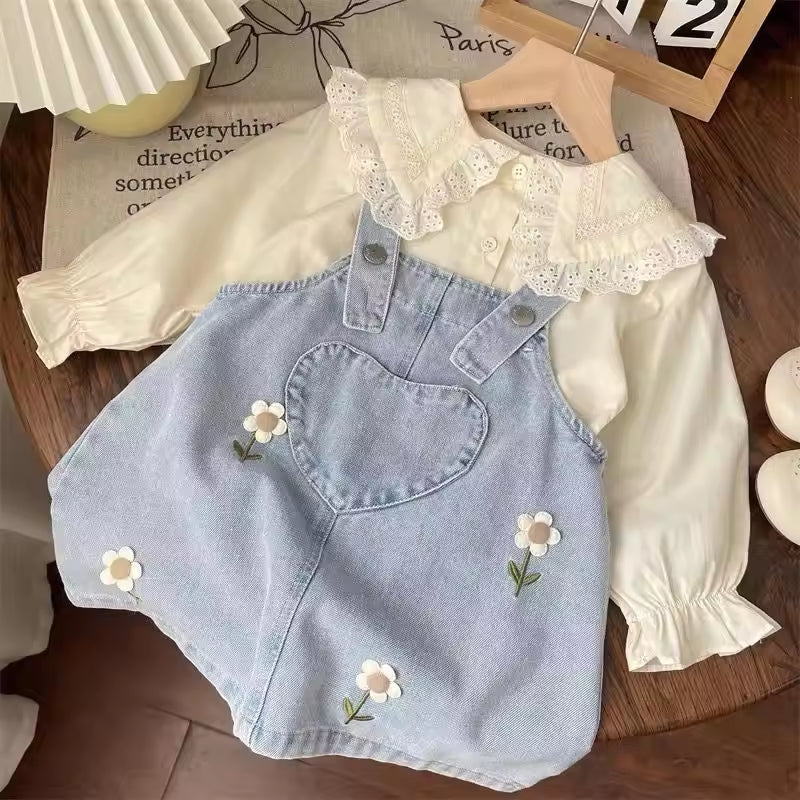Spring and Autumn Girls' Set Baby's Style Sweet Korean Lace Shirt Flower Denim Overalls Skirt Suit