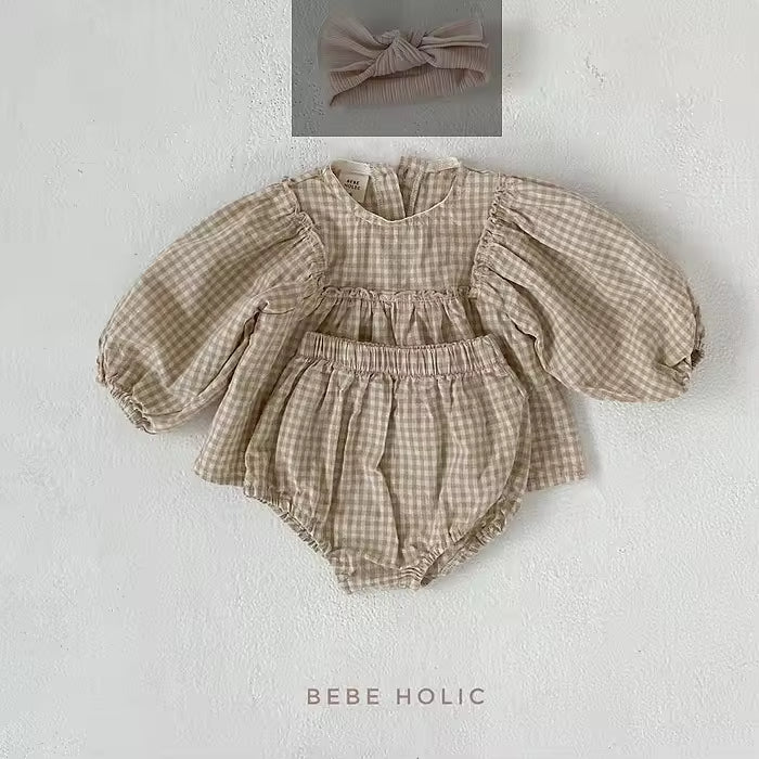 Spring and Autumn New Fashion Infant Clothes Plaid Ins Style Baby Romper Sweet Outing Two-piece Baby Suit