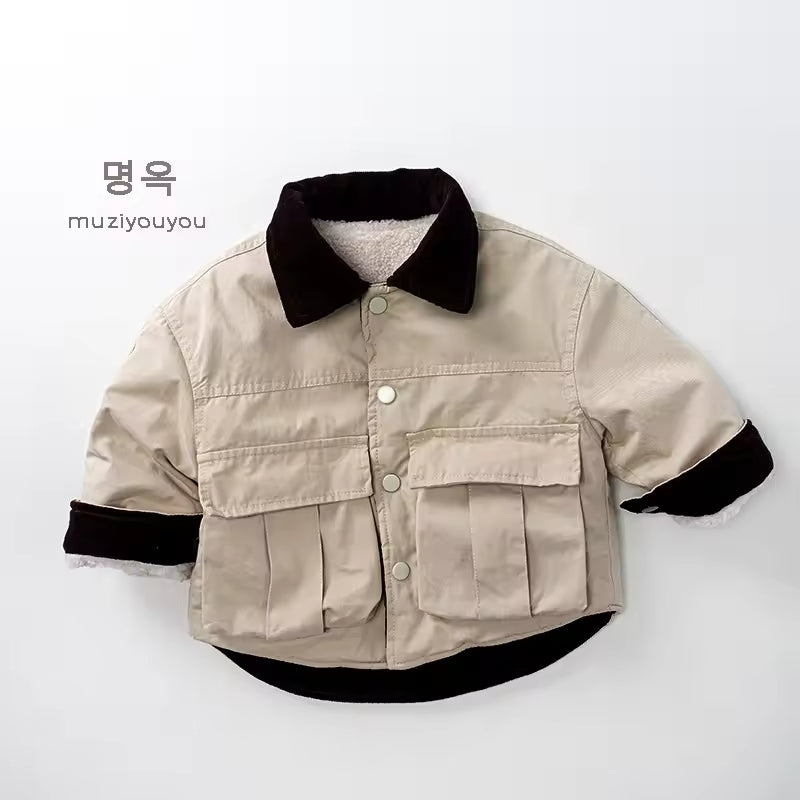 2025 Winter Children's Clothes Casual Fleece-lined Overcoat Boys and Girls Japanese Korean Style Thickened Baby Tops