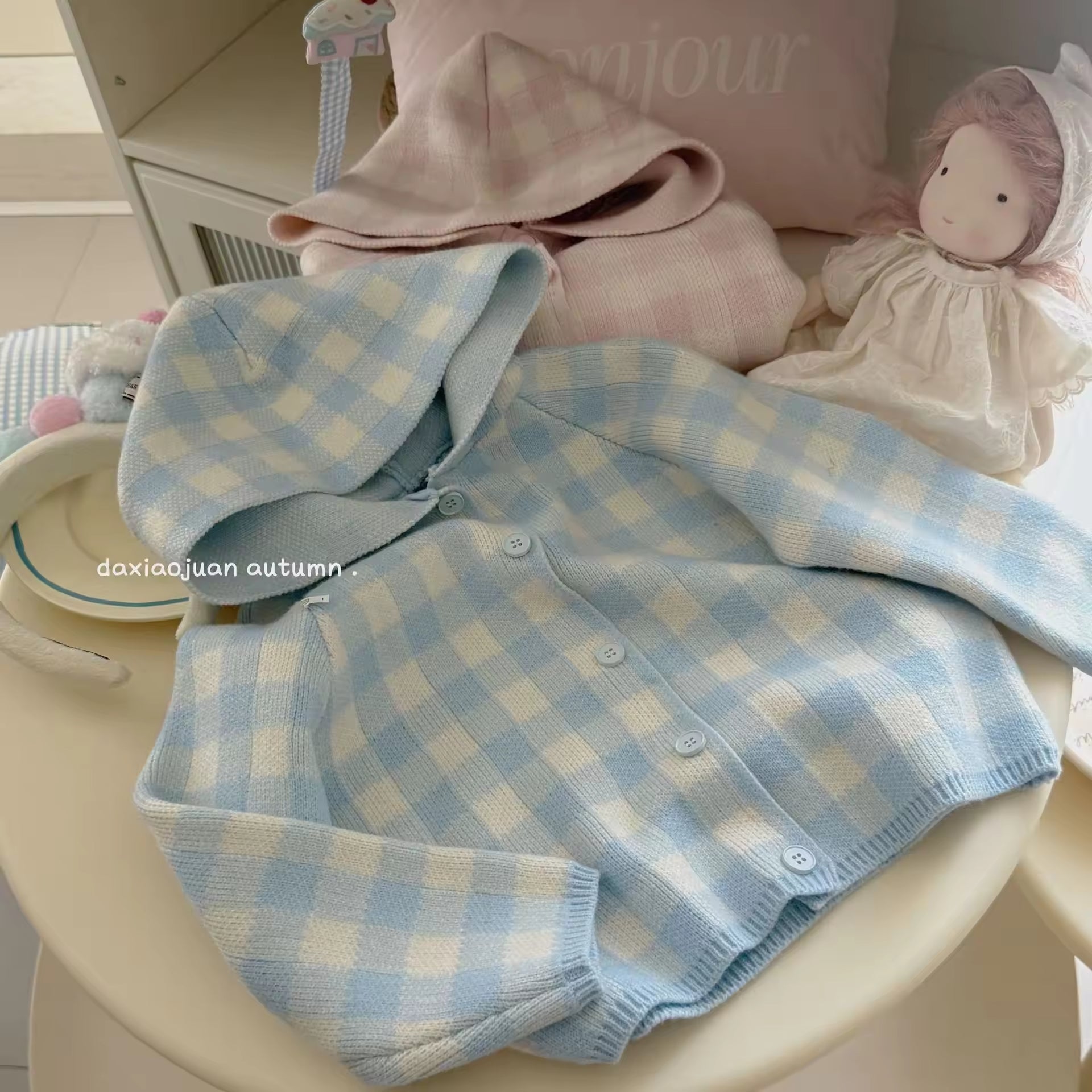 Autumn Western Style Small Rolls Girl's Baby Sweater Niche Casual Embroidered Plaid Hooded Sweater Cardigan Tops