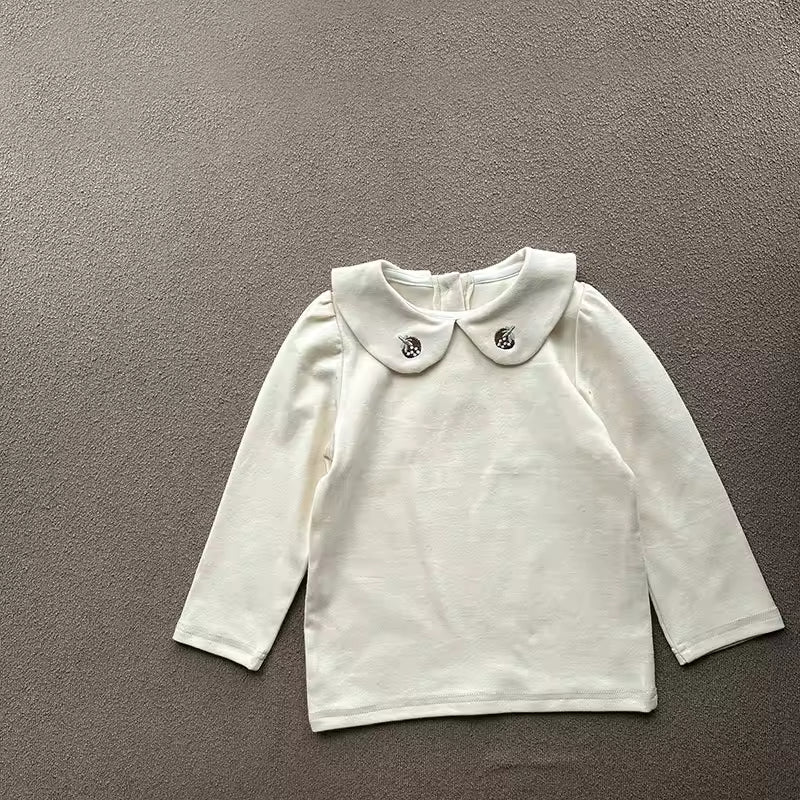 2025 New Girls Casual Undershirt Top Western Style Strawberry Embroidered Cotton Long Sleeve Spring Autumn T-Shirt for Children