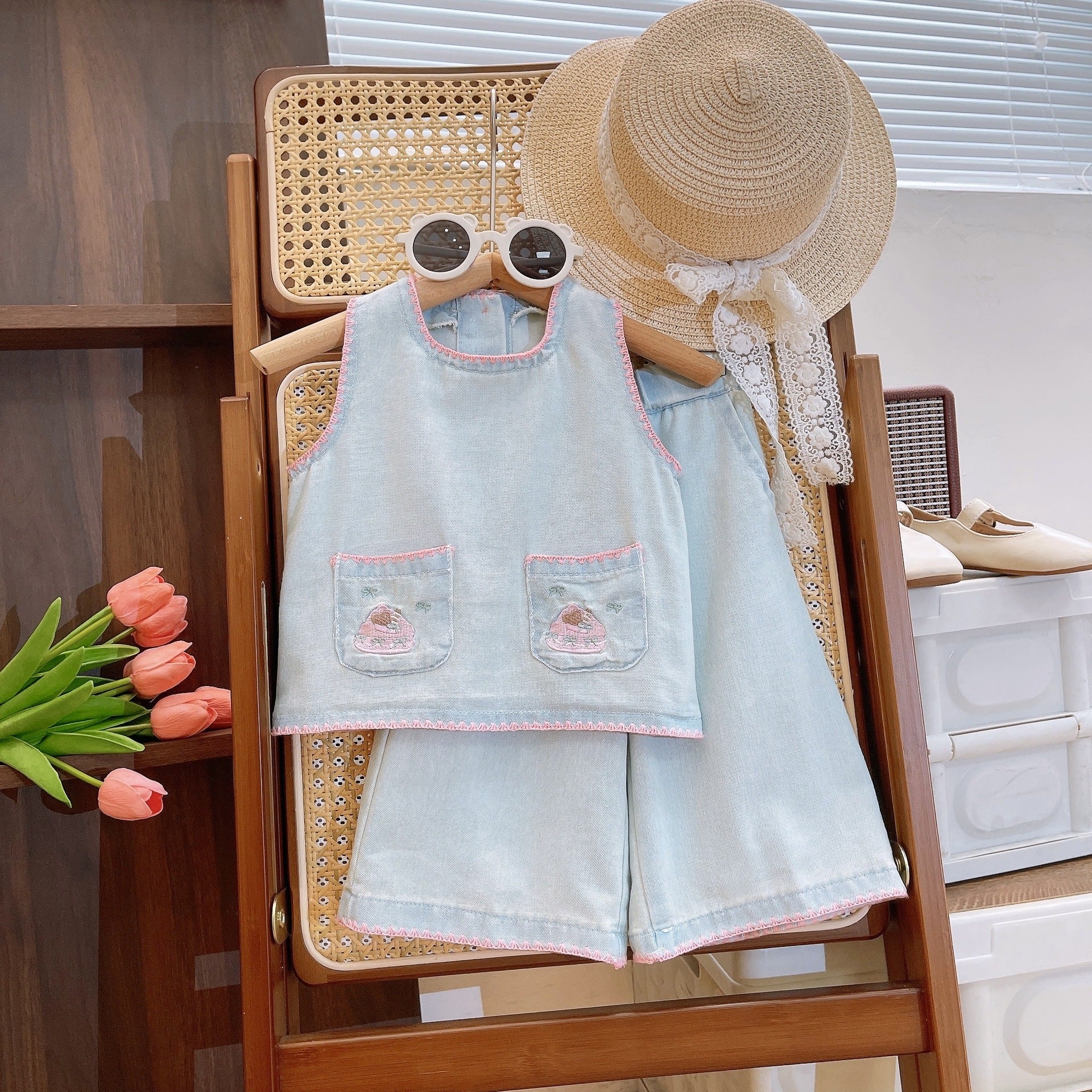 Wholesale 2026 Girls' Suit Summer New Set Cute Lace Embroidered Denim Sleeveless Top with Wide-Leg Pants Set