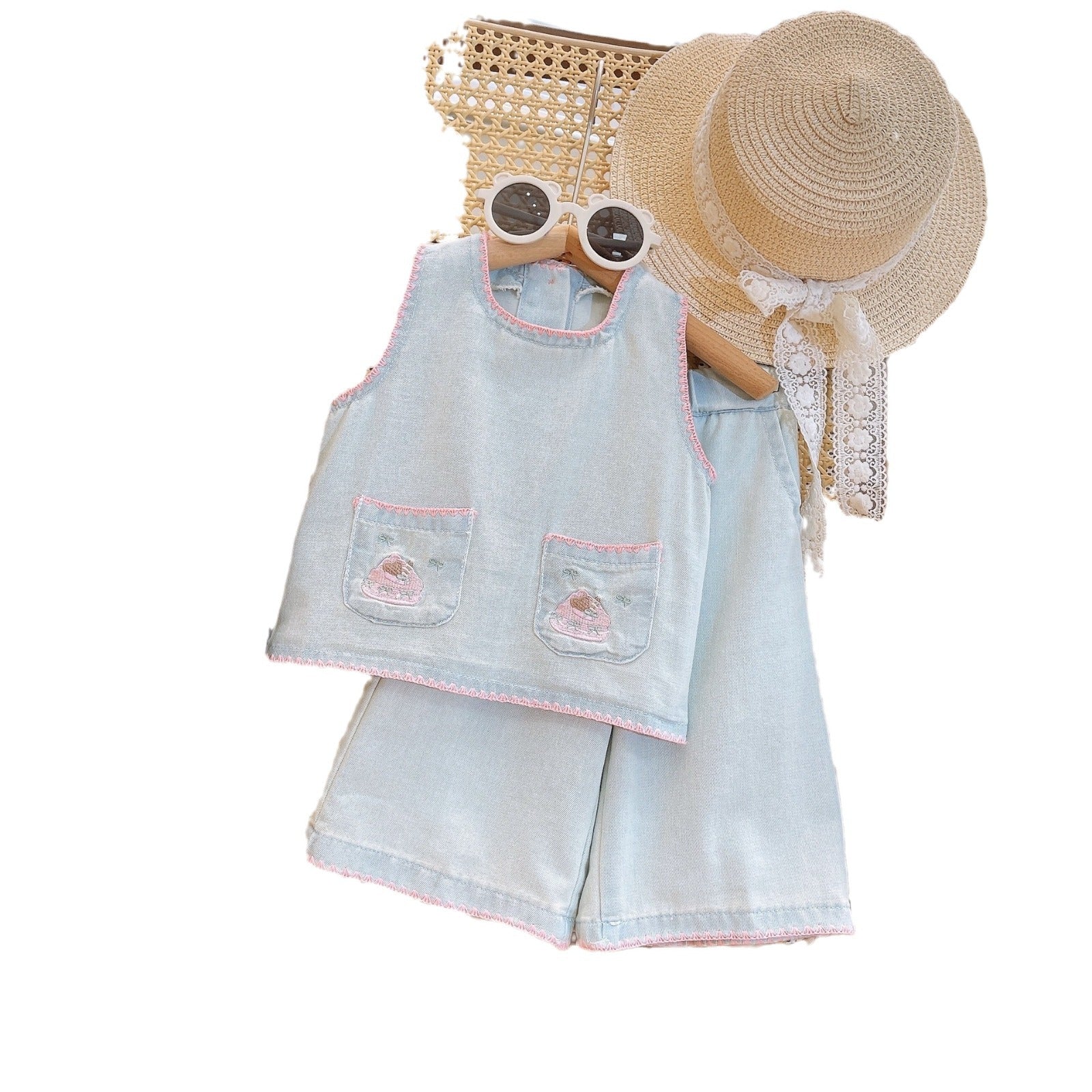 Wholesale 2026 Girls' Suit Summer New Set Cute Lace Embroidered Denim Sleeveless Top with Wide-Leg Pants Set